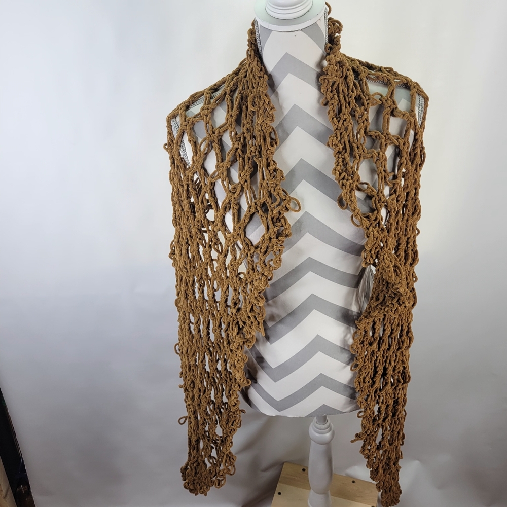 Handmade Crochet Open Weave Wrap Velvety Yarn Brown One Size